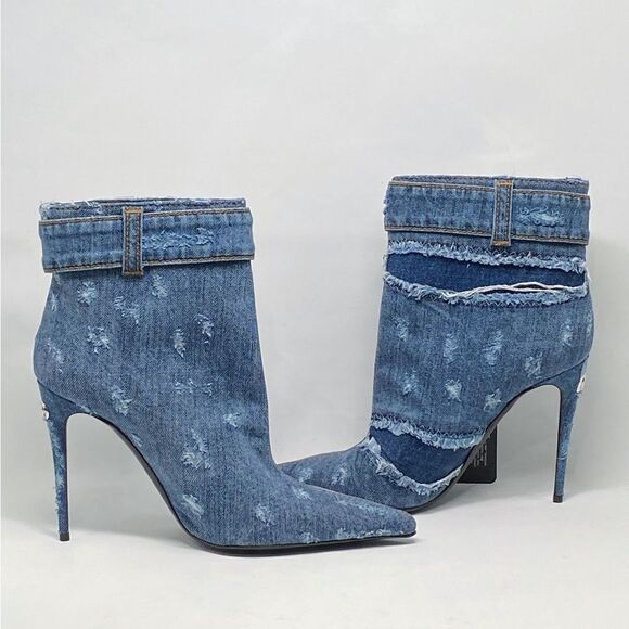 DOLCE & GABBANA Patchwork denim ankle boots with rhinestone buckle - Picture 12 of 16